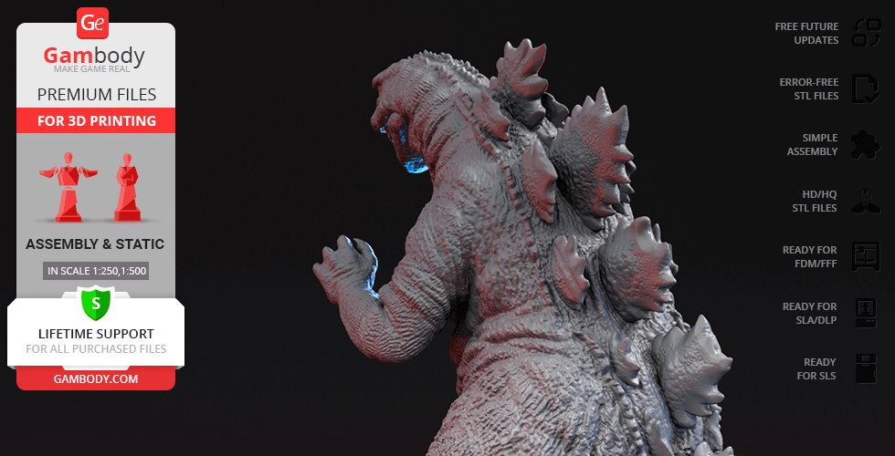 3D model of Godzilla with detailed texture, showing spikes and scales, designed for 3D printing.