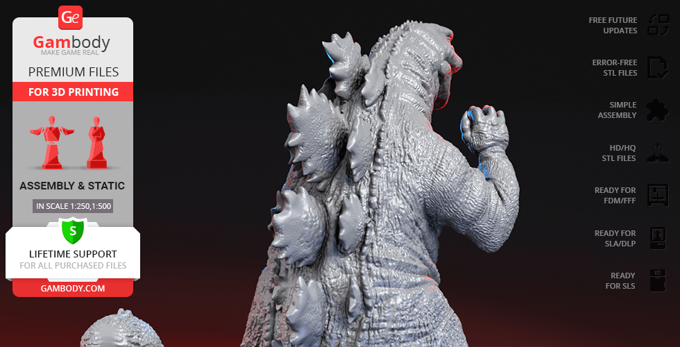 A detailed 3D model of Godzilla, featuring spiky dorsal plates, designed for 3D printing.