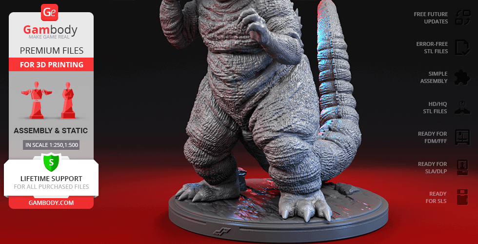 Godzilla 3D model with textured skin and detailed tail, suitable for 3D printing, displayed on a round base.