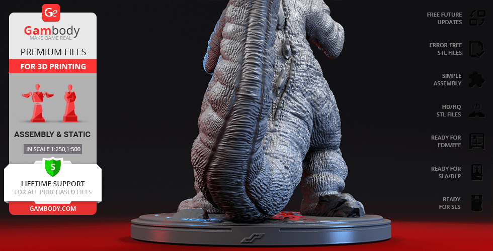 3D model of Godzilla's textured tail and legs on a display base, for printing.