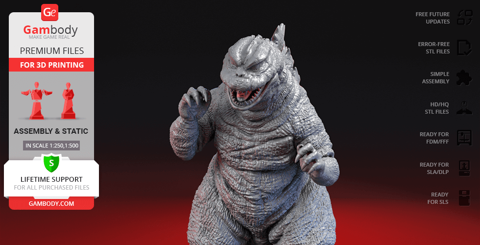 3D model of Godzilla with textured skin, designed for printing, shown on a promotional image by Gambody.