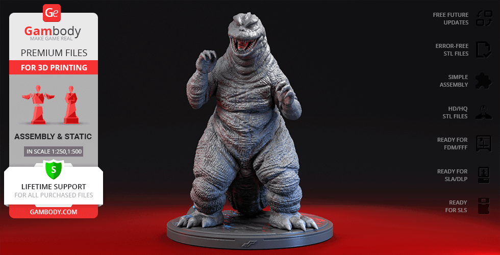 A detailed 3D model of Godzilla for printing, posed aggressively on a round base.