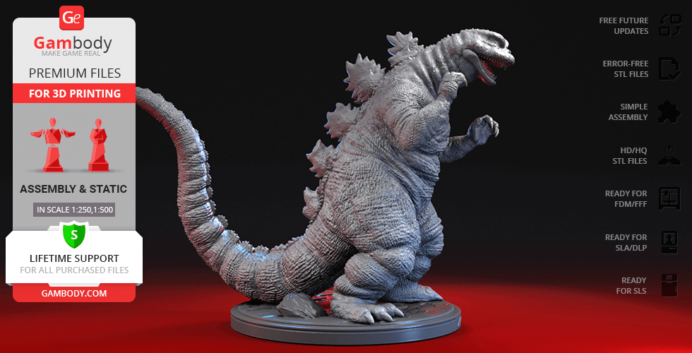 3D model of Godzilla in a dynamic pose, ready for 3D printing, displayed on a circular base.