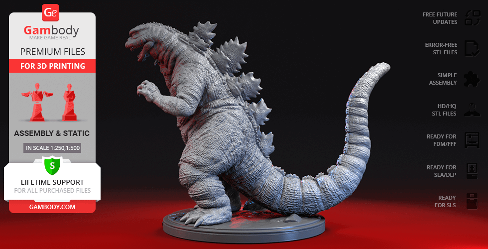 A detailed 3D-printed model of Godzilla, standing on a round base, in a dynamic pose with a textured surface.