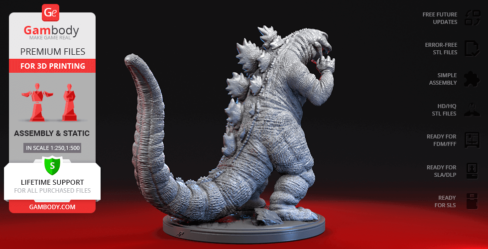 A detailed 3D model of Godzilla in a dynamic pose, ready for 3D printing, with textured scales and spikes.
