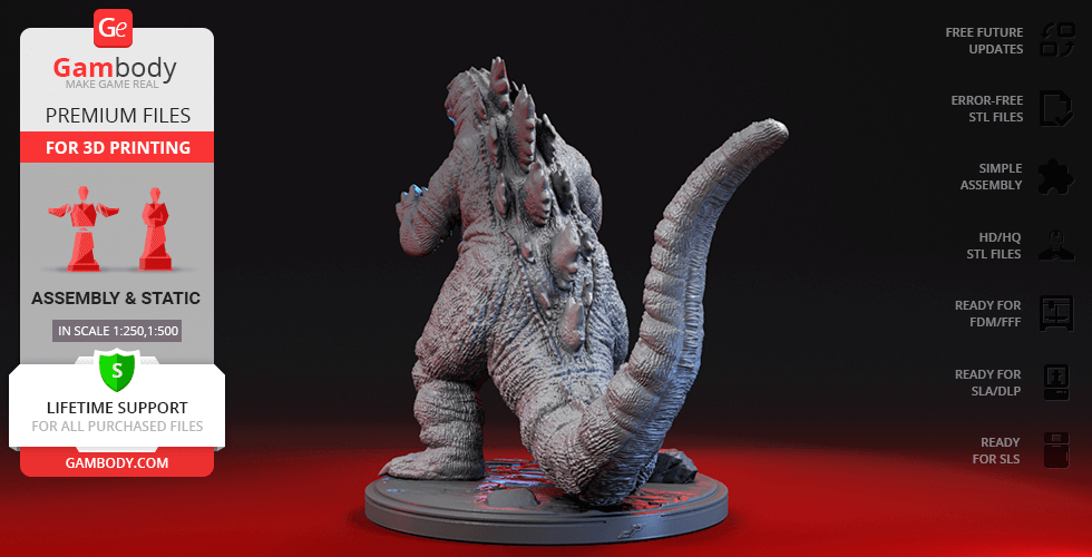 3D model of Godzilla in a dynamic pose, featuring textured skin and a detailed tail on a round base.