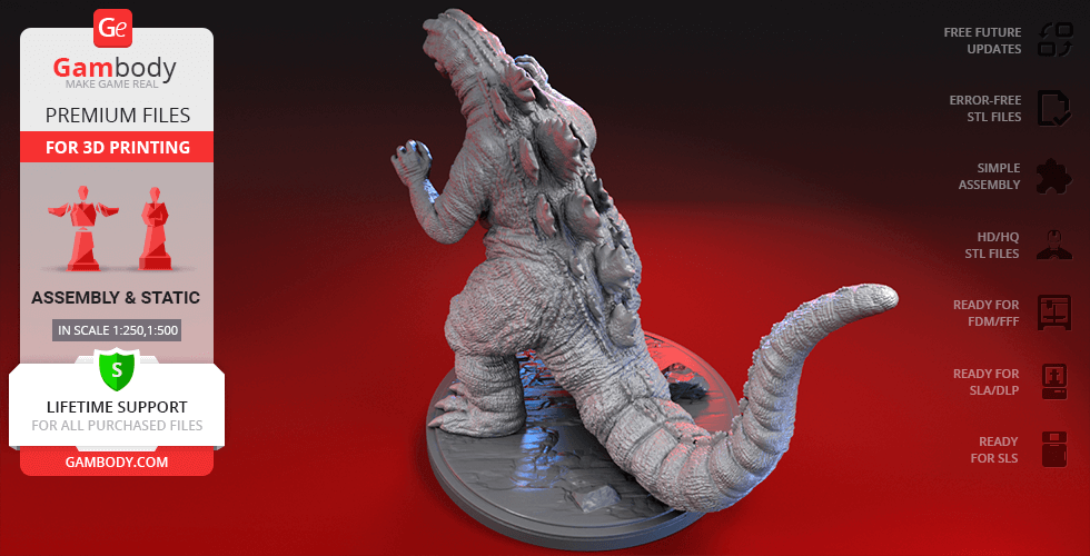 A 3D model of Godzilla in a dynamic pose, designed for 3D printing with various scale options.