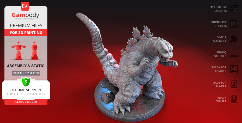 3D model of Godzilla in a dynamic pose on a round base, ready for 3D printing.