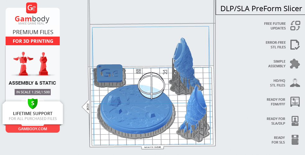 3D print layout showing Godzilla model parts on a virtual slicing platform.