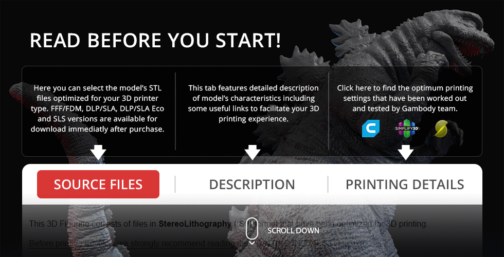 Godzilla 3D model for printing, with source files, description, and printing details on display.