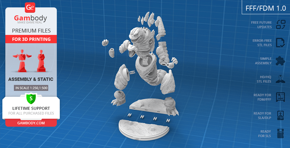 3D printable model of Godzilla in pieces for easy assembly, displayed on a blue grid background.