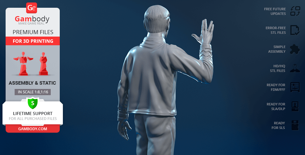 3D printed model of a man in a uniform, raising one hand with fingers parted, touching the thumb.