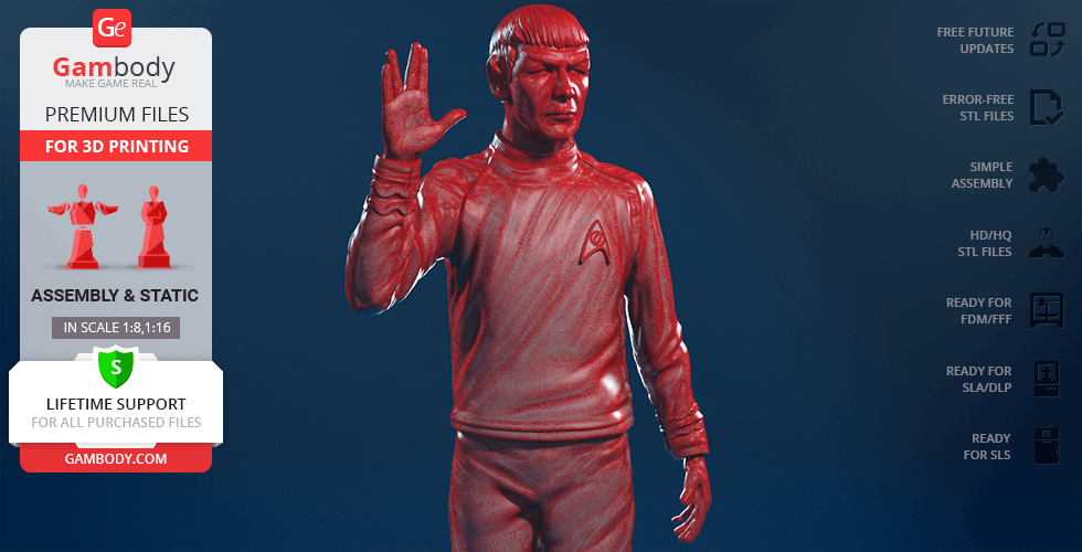 3D model of a character in a sci-fi uniform, raising a hand with split fingers.