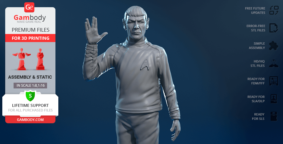 3D model of a character making a Vulcan salute, wearing a sci-fi outfit with an insignia.