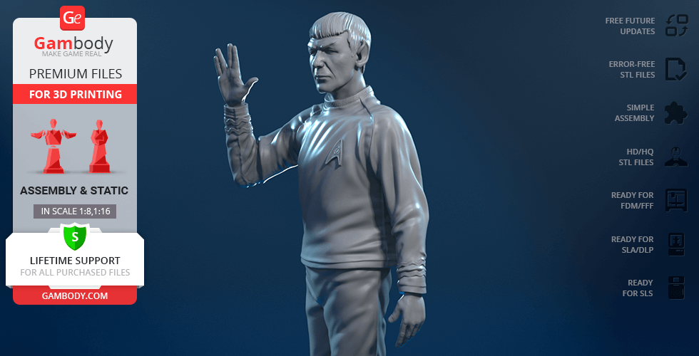 3D model of a character in uniform, performing a Vulcan salute, designed for 3D printing.