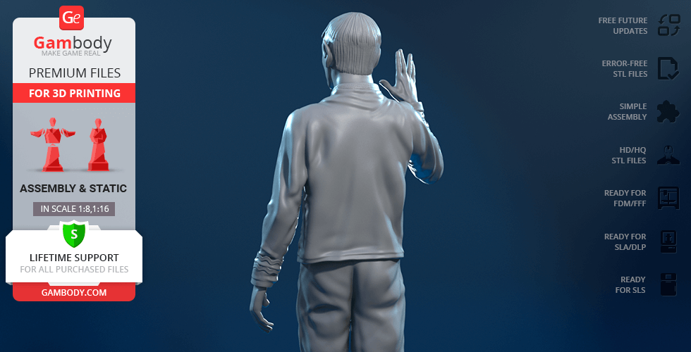 3D model of a man in a uniform giving a Vulcan salute, designed for 3D printing.