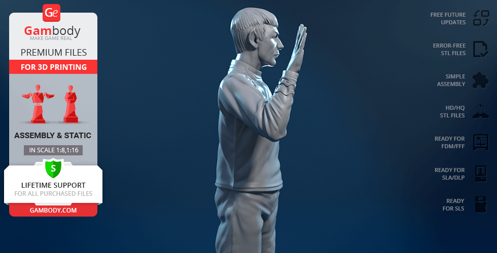 3D model of a character giving a Vulcan salute, ready for 3D printing, displayed on a blue background.