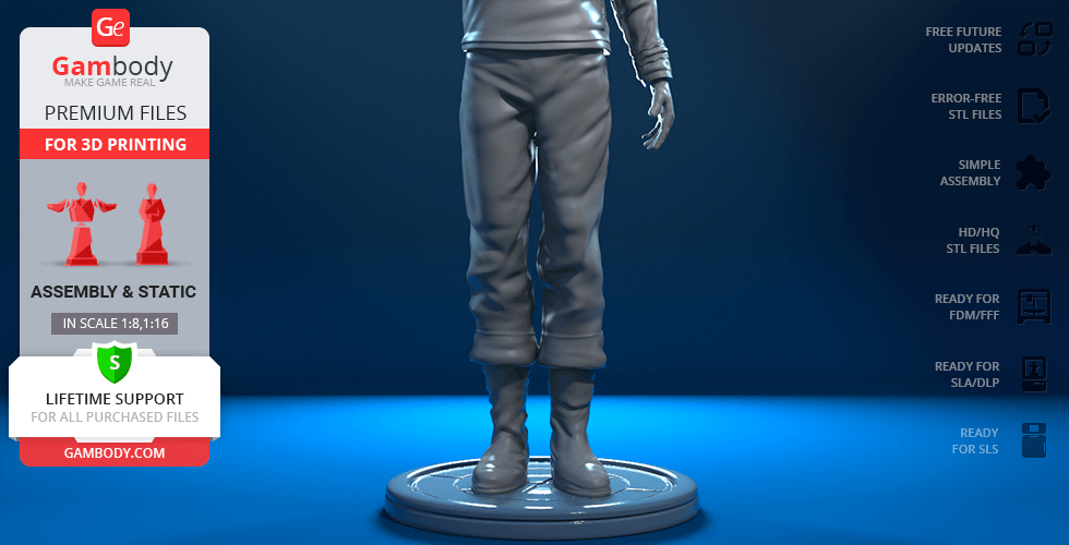 3D model of a humanoid figure in casual attire, standing on a round base for 3D printing.
