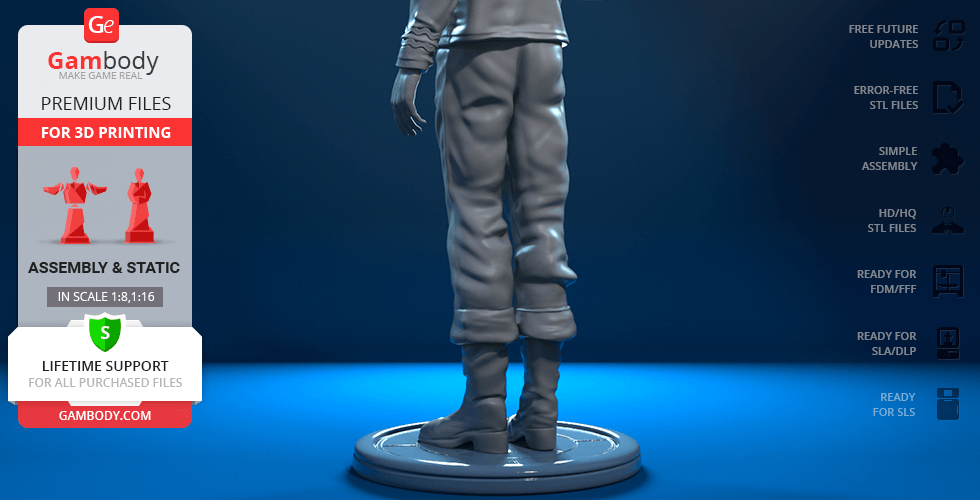 3D model of a humanoid figure in casual attire on a circular base, viewed from the side.