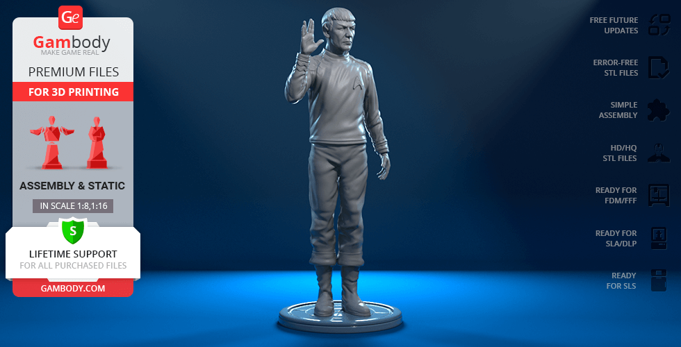 3D model of a character in a uniform performing a Vulcan salute, intended for 3D printing.