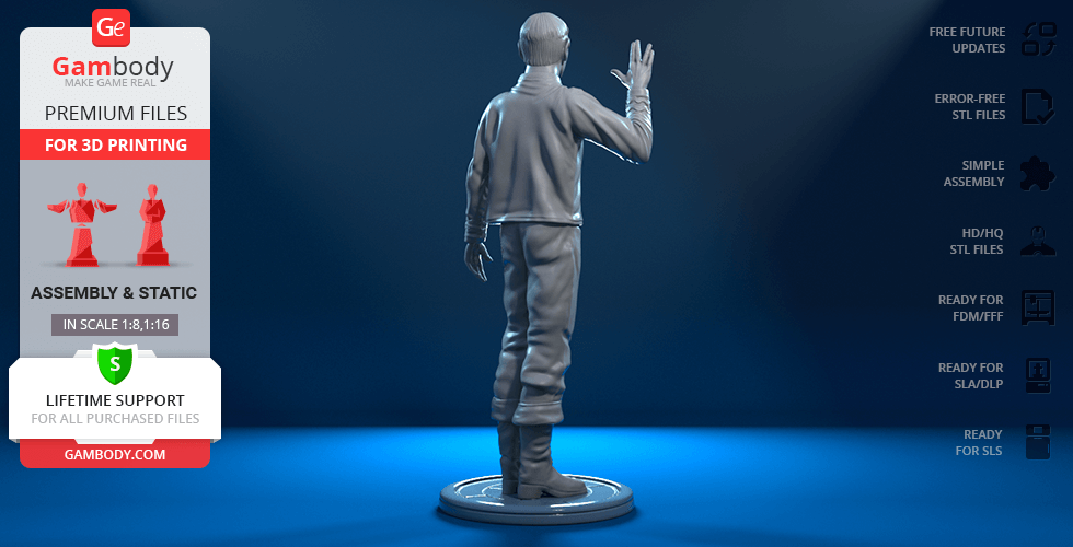 3D model of a man standing with hand raised, viewed from behind, on a round base for 3D printing.