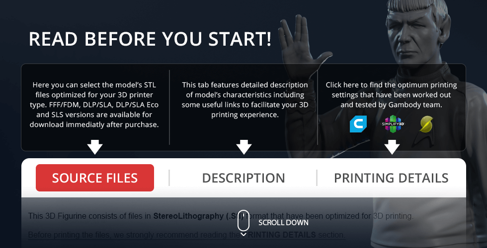 3D printed figure model of a character with a distinctive hand gesture; tab instructions displayed.