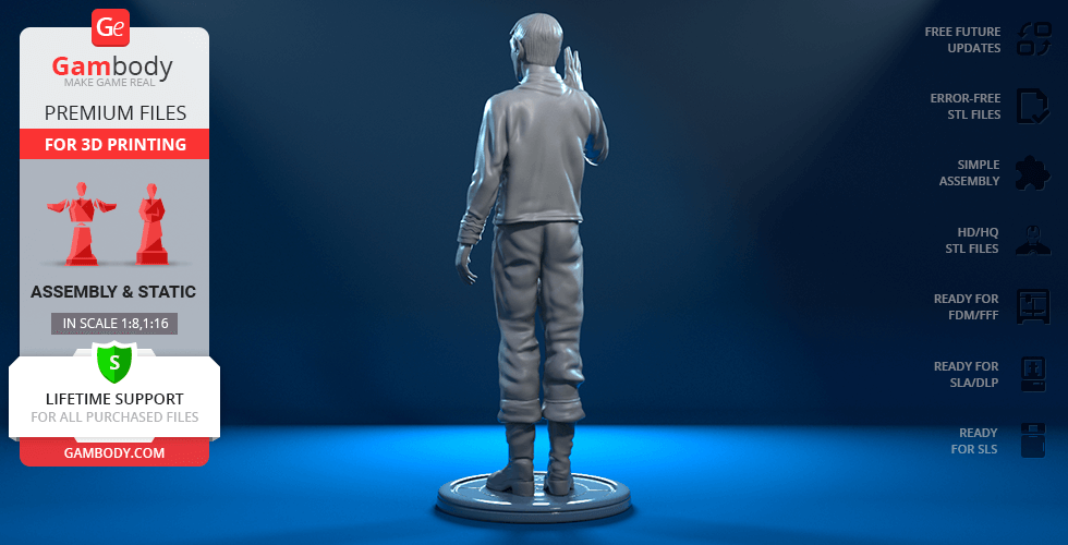 3D printable model of a character in a uniform, standing on a base with hand slightly raised.