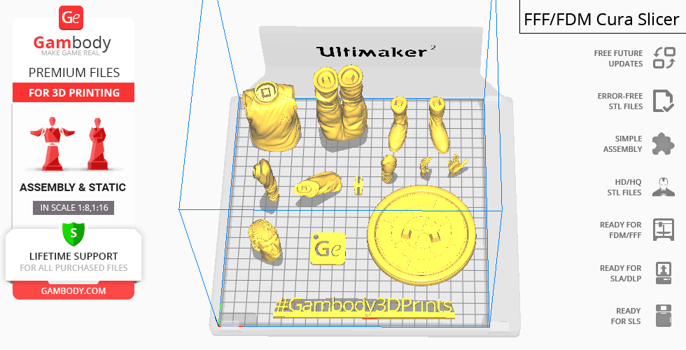 3D model fragments of a character assembled in a slicer interface for printing.