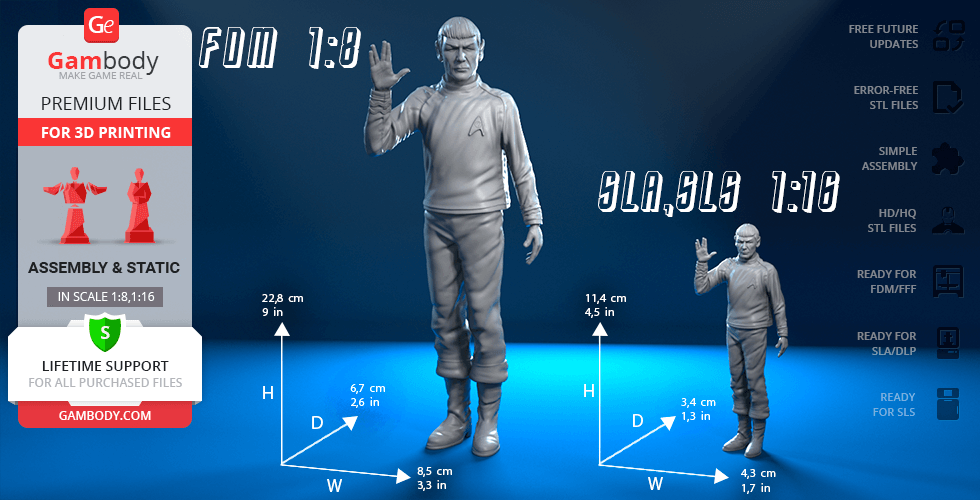 3D printable model of a figure in a uniform, with two scale sizes showing the Vulcan salute.
