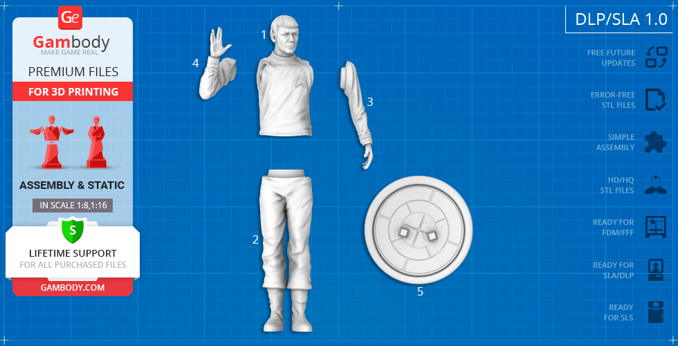 3D model parts of a standing figure with separate arms and base for printing, assembly instructions included.
