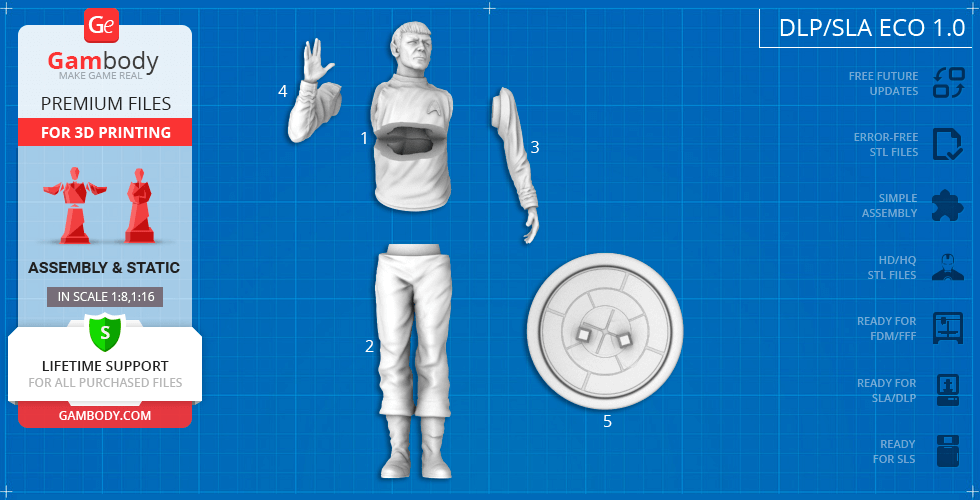 3D printable model of a character, shown in dissected parts: torso, legs, arms, and a round base.