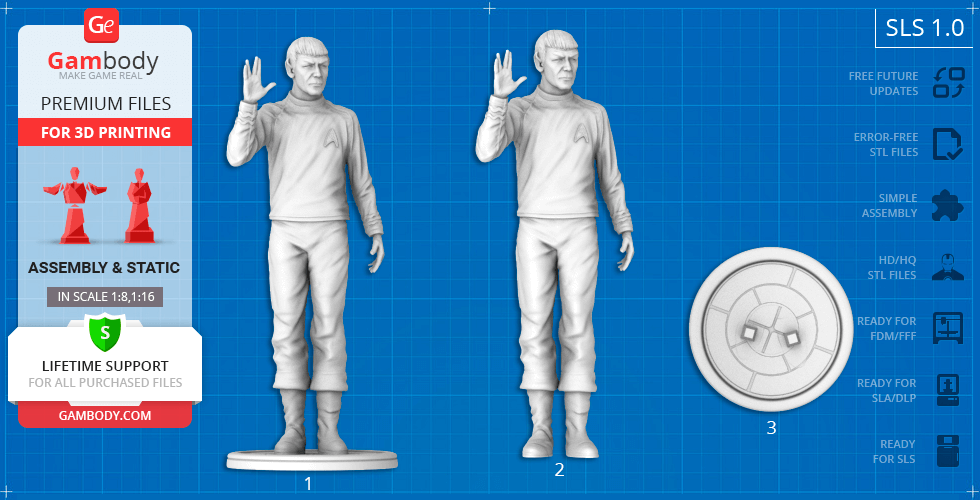 3D printable model of a character in a uniform with a raised hand gesture, including base.