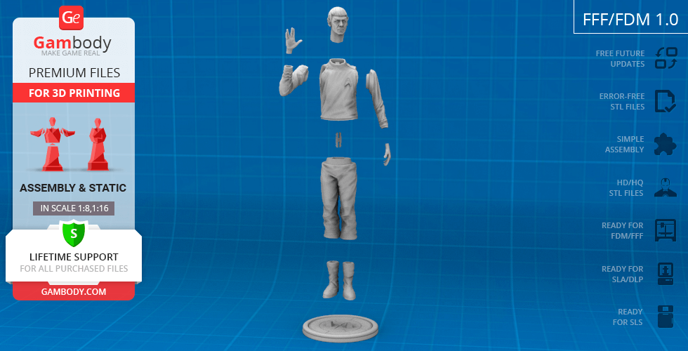 3D model of a character in segments for printing, includes head, torso, legs, arms, and a base on a blue grid background.