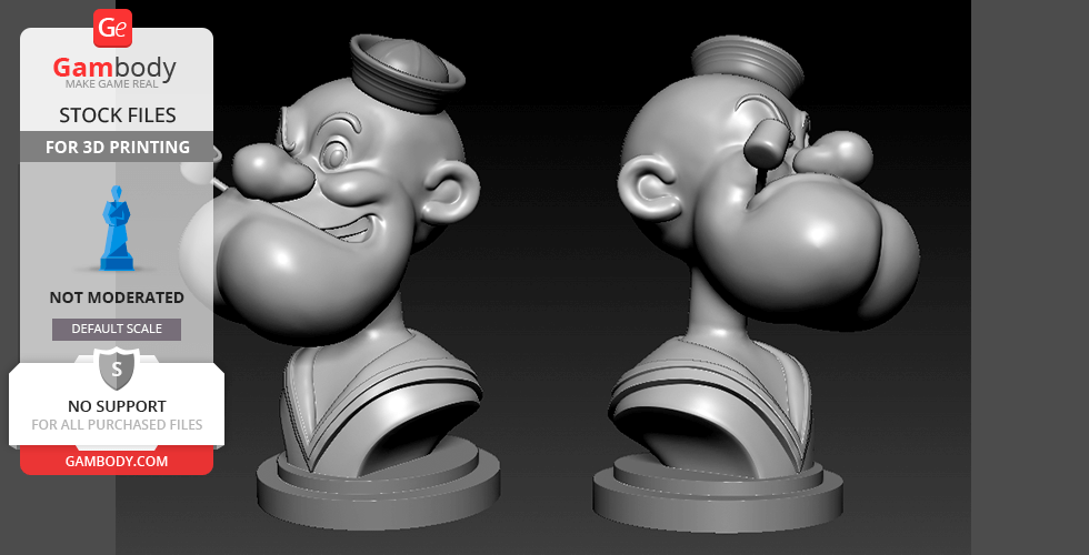 3D model of a cartoon sailor bust wearing a cap, displayed in two angles, intended for 3D printing.