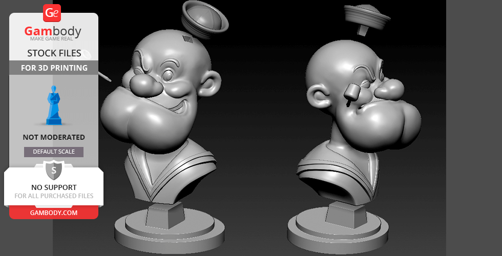 3D model of a cartoon sailor bust with a detached cap, showcasing a strong jaw and classic sailor attire.