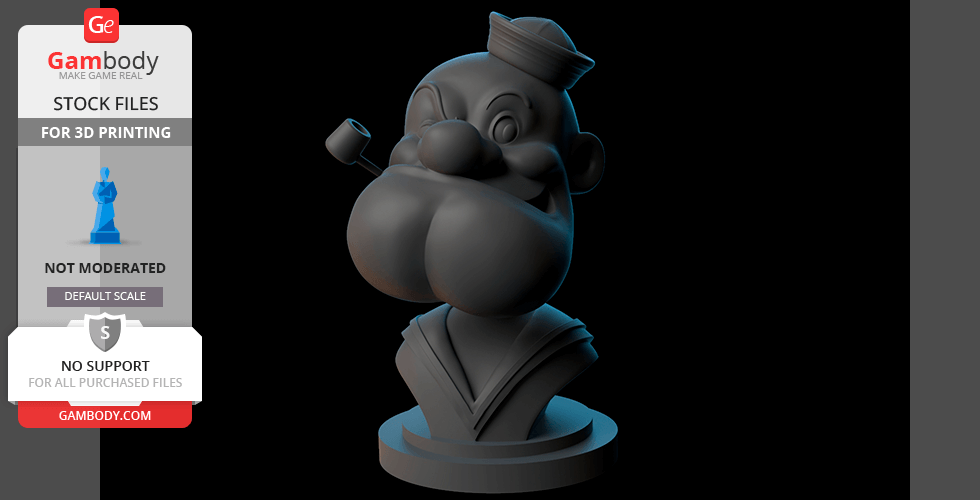 3D printed bust of a cartoon sailor, wearing a hat and pipe, inspired by a classic comic character.