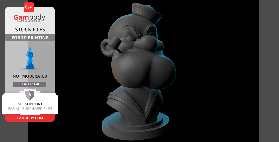 3D printed bust of a cartoon sailor man with pipe and cap, ready for 3D printing.
