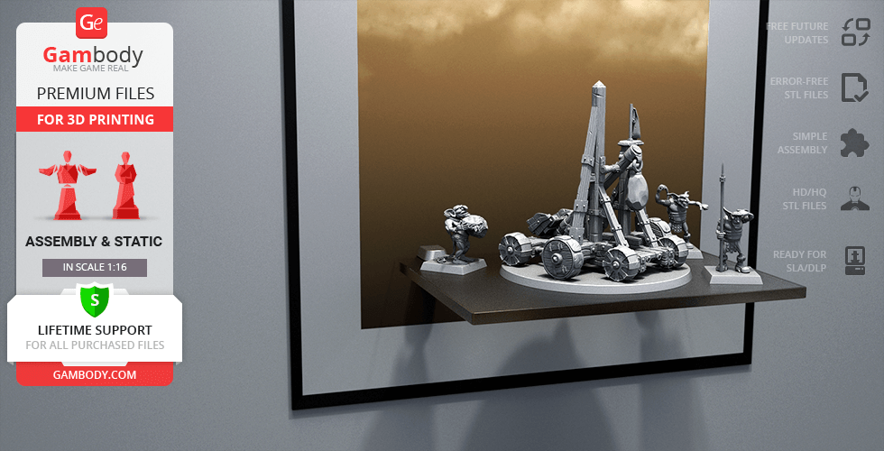 A detailed 3D model of a fantasy catapult with figures, designed for 3D printing, showcased on a platform.