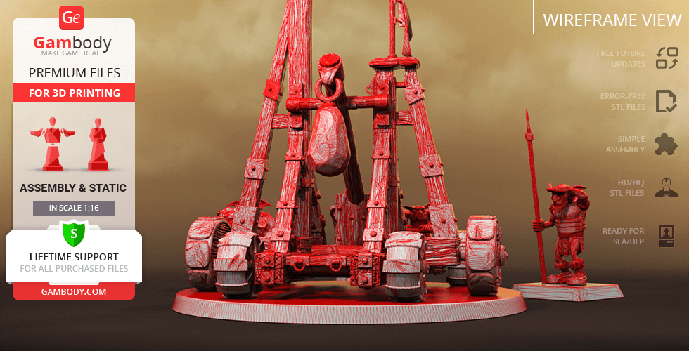 A detailed 3D model of a fantasy catapult with intricate carvings and humanoid figure, ready for 3D printing.