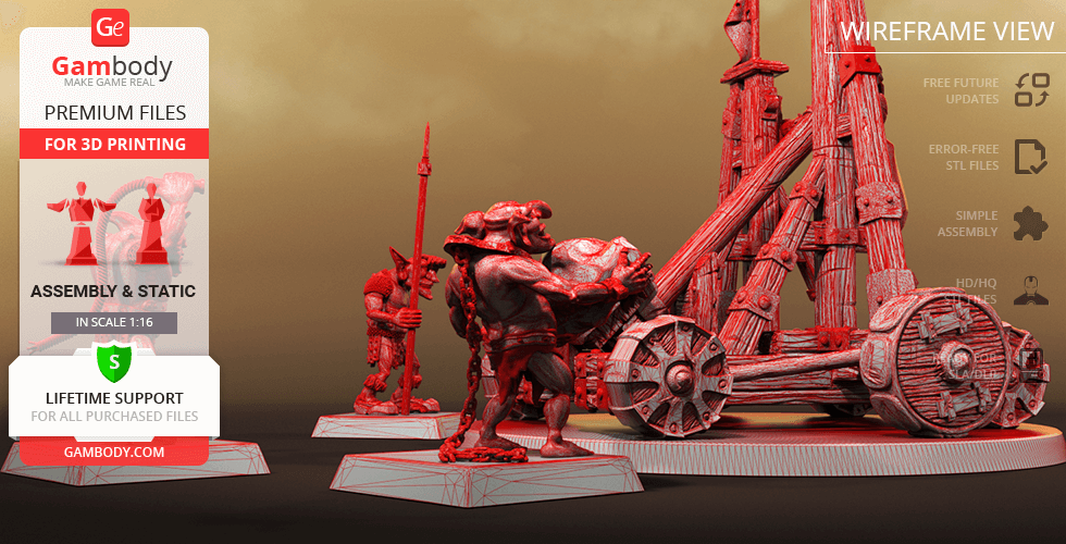 A detailed 3D model of a fantasy catapult with orc-like creatures, shown in a wireframe style for 3D printing.
