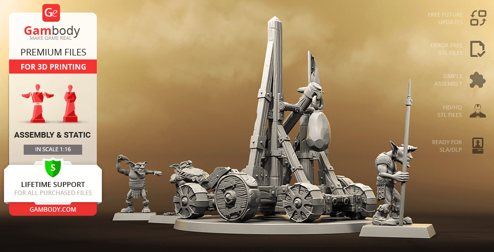 A detailed 3D model of a fantasy greenskin catapult with figures, designed for 3D printing.