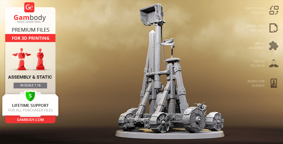 A detailed 3D model of a wooden catapult with intricate wheels, ready for 3D printing.