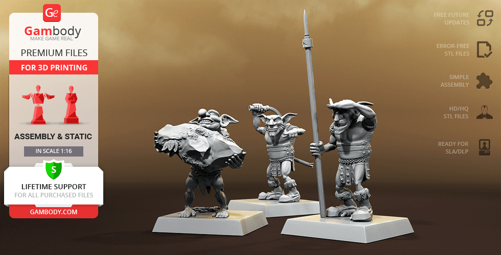 Three goblin-like figures in armor, one holding a catapult, another with a spear, on display bases.