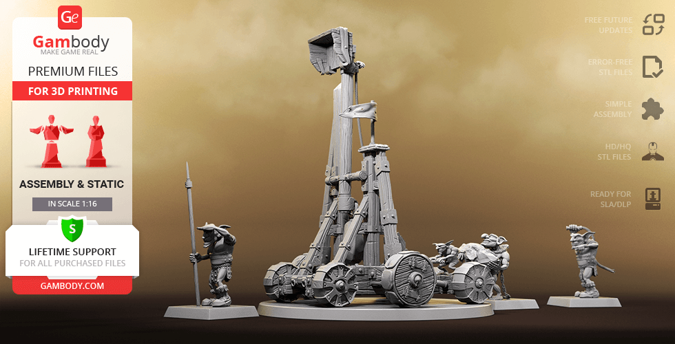 Fantasy orc catapult model with detailed warriors, ready for 3D printing assembly, displayed on a base.