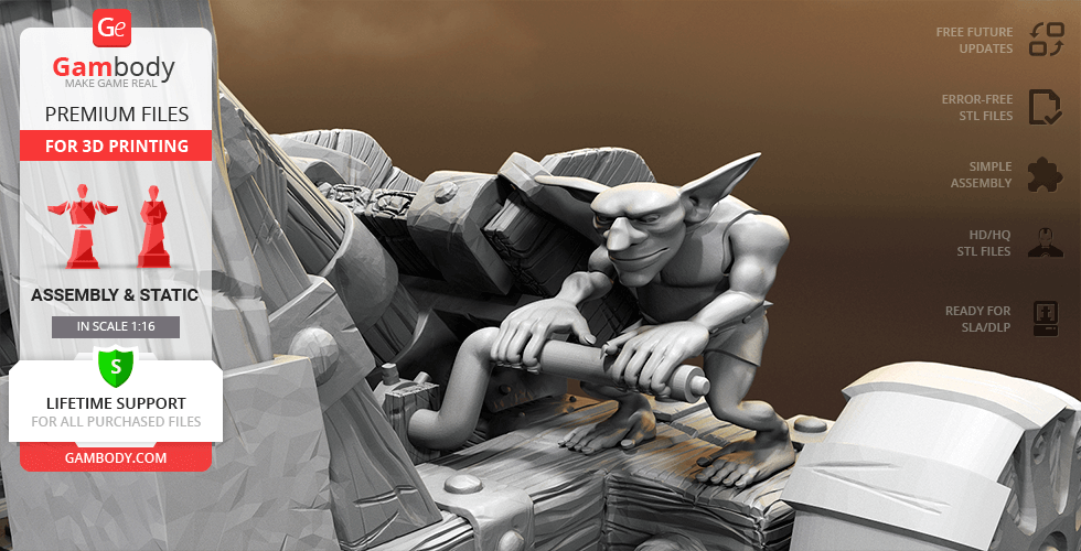 A 3D model of a goblin pushing a large catapult, designed for 3D printing.