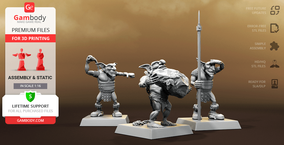 Fantasy goblin figures in action poses for 3D printing, with catapult design elements.