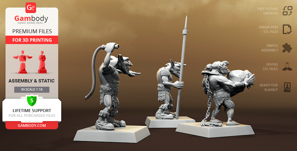 Three detailed 3D printed greenskin figures prepping a catapult, on display bases.