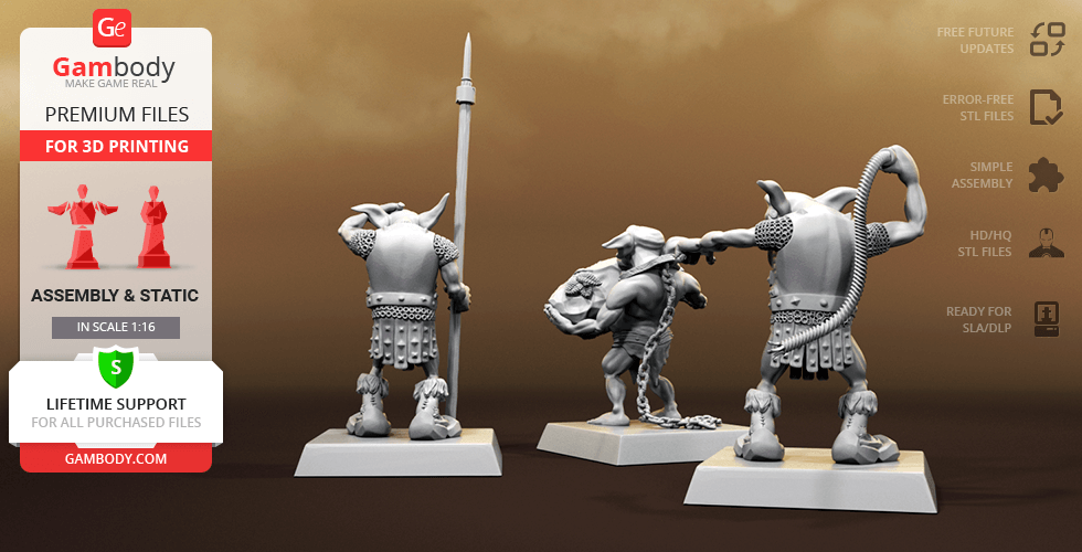 Three detailed 3D-printed orc figures with a catapult, ready for assembly, stand on a display base.