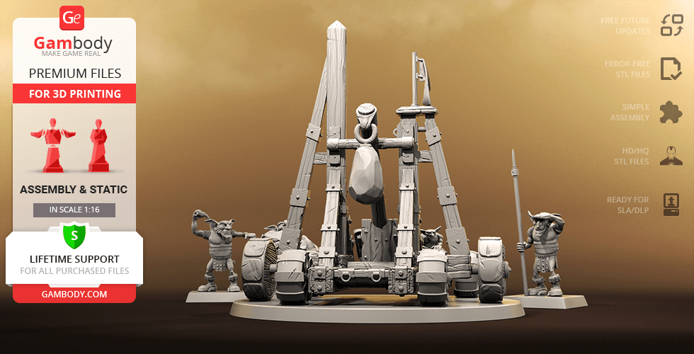 A detailed 3D model of a Greenskins catapult with figures, ready for 3D printing.