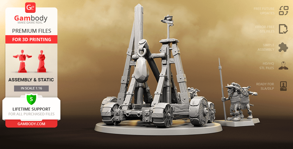 A detailed 3D model of a fantasy catapult with goblin-like figures, designed for 3D printing.